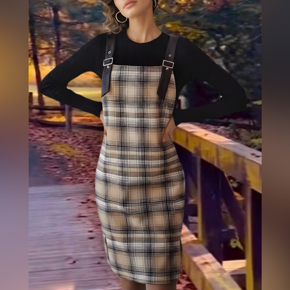 Plaid Pinafore Dress with Black Straps